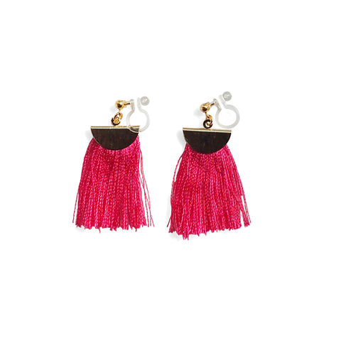 Fuchsia Pink flat tassel invisible clip on earrings - Miyabi Grace