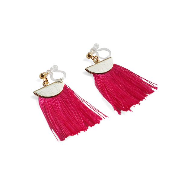 Fuchsia Pink flat tassel invisible clip on earrings - Miyabi Grace