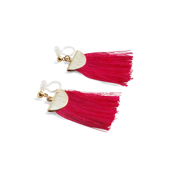 Fuchsia Pink flat tassel invisible clip on earrings - Miyabi Grace
