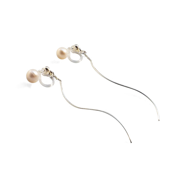 Double Sided White Freshwater Pearl Invisible Clip On Stud Earrings (Silver tone Wave Bar) - Miyabi Grace