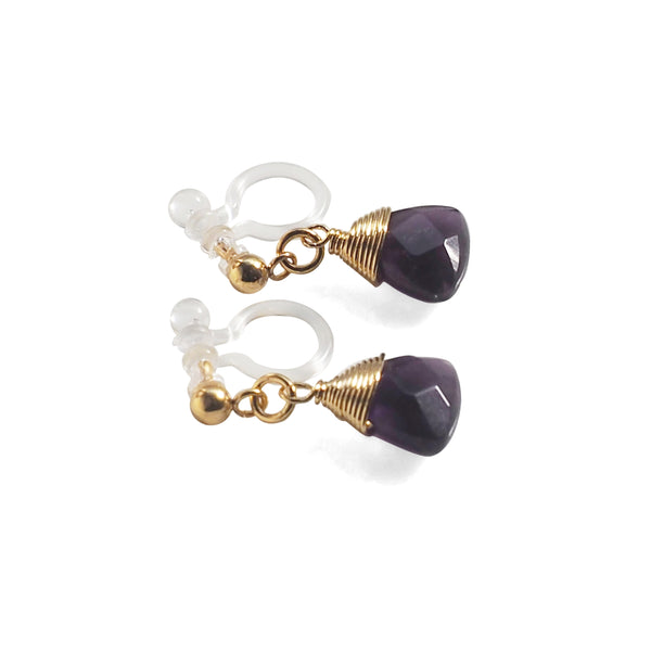 Triangle Purple Amethyst Invisible Clip On Earrings (Gold tone) - Miyabi Grace