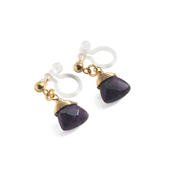 Triangle Purple Amethyst Invisible Clip On Earrings (Gold tone) - Miyabi Grace