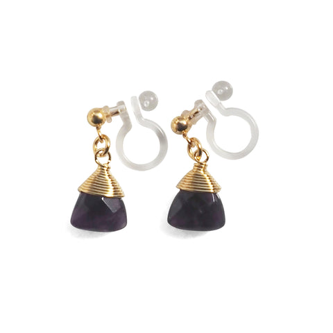 Triangle Purple Amethyst Invisible Clip On Earrings (Gold tone) - Miyabi Grace