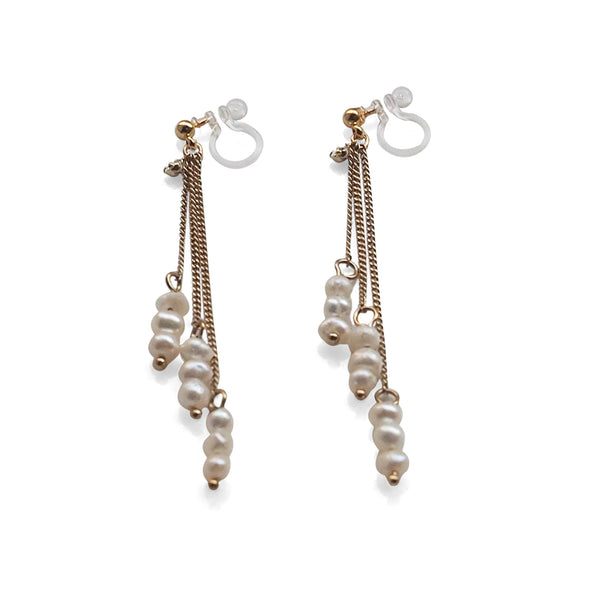 Dangle Beaded White Freshwater Pearl Invisible Clip On Earrings (Gold tone) - Miyabi Grace