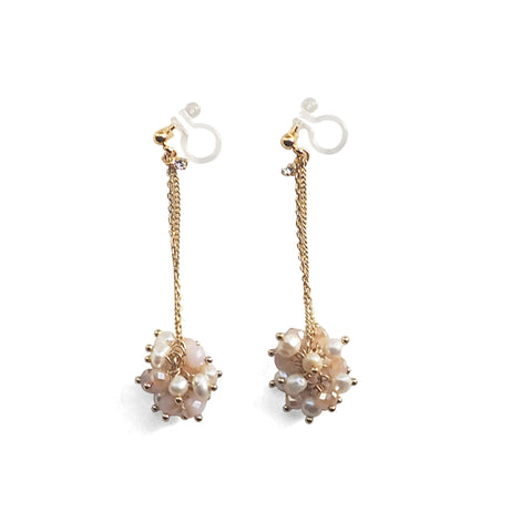 White Freshwater Pearl & Pink Crystal Ball Invisible Clip On Earrings (Gold tone) - Miyabi Grace