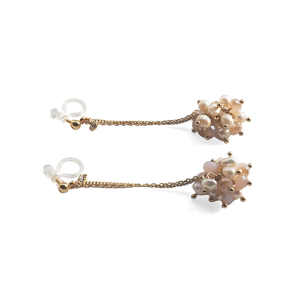 White Freshwater Pearl & Pink Crystal Ball Invisible Clip On Earrings (Gold tone) - Miyabi Grace
