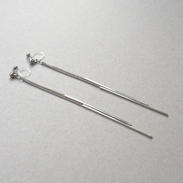 Long silver bar invisible clip on earrings - Miyabi Grace