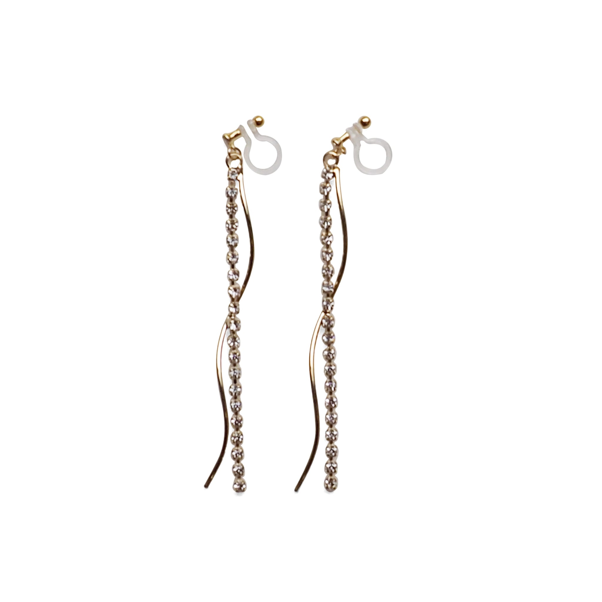 Dangle rhinestone chain and wave bar invisible clip on earrings ( Gold tone ) - Miyabi Grace