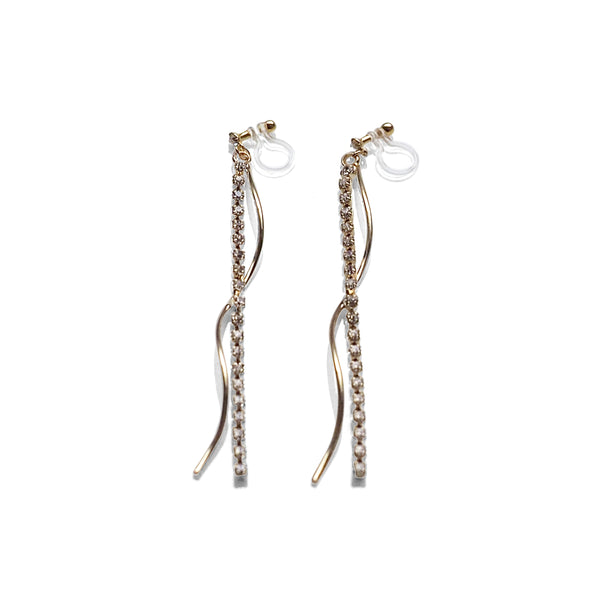 Dangle rhinestone chain and wave bar invisible clip on earrings ( Gold tone ) - Miyabi Grace