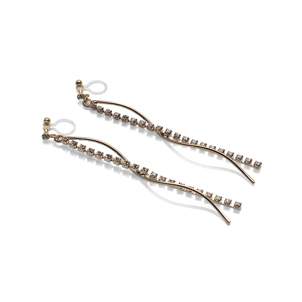 Dangle rhinestone chain and wave bar invisible clip on earrings ( Gold tone ) - Miyabi Grace