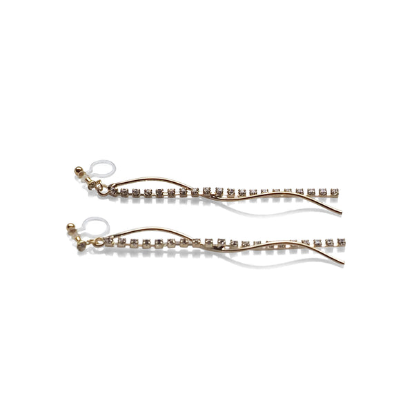 Dangle rhinestone chain and wave bar invisible clip on earrings ( Gold tone ) - Miyabi Grace
