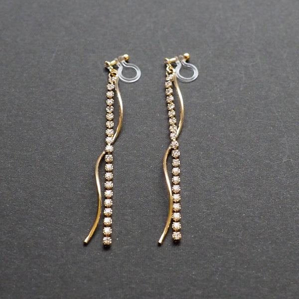 Dangle rhinestone chain and wave bar invisible clip on earrings ( Gold tone ) - Miyabi Grace