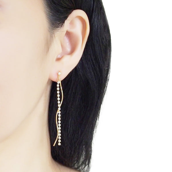 Dangle rhinestone chain and wave bar invisible clip on earrings ( Gold tone ) - Miyabi Grace