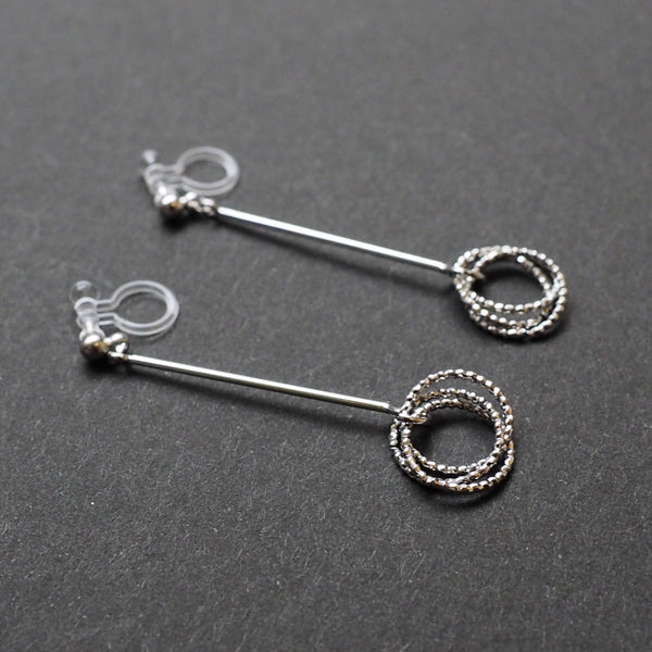 Textured triple hoop clip on earrings ( Silver tone ) - Miyabi Grace