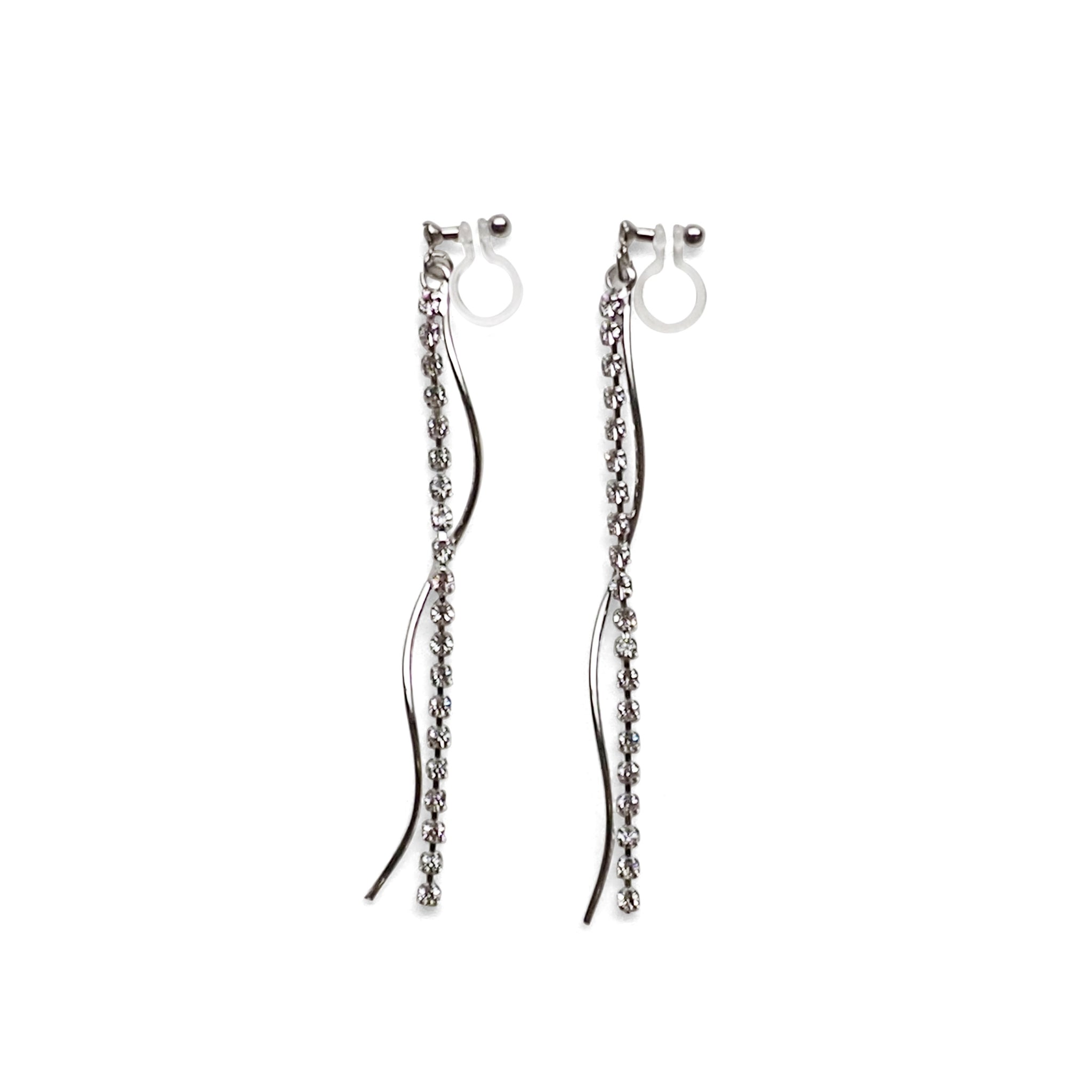 Dangle rhinestone chain and wave bar invisible clip on earrings ( Silver tone ) - Miyabi Grace