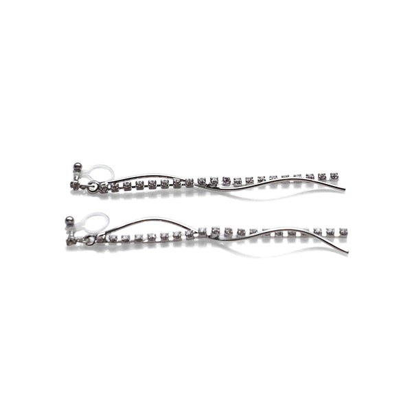 Dangle rhinestone chain and wave bar invisible clip on earrings ( Silver tone ) - Miyabi Grace