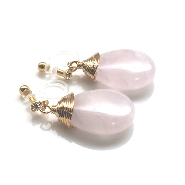 Rose quartz invisible clip on earrings - Miyabi Grace