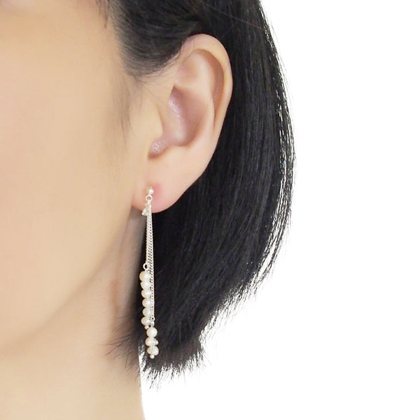 Dangle Beaded White Freshwater Pearl Invisible Clip On Earrings (Silver tone) - Miyabi Grace