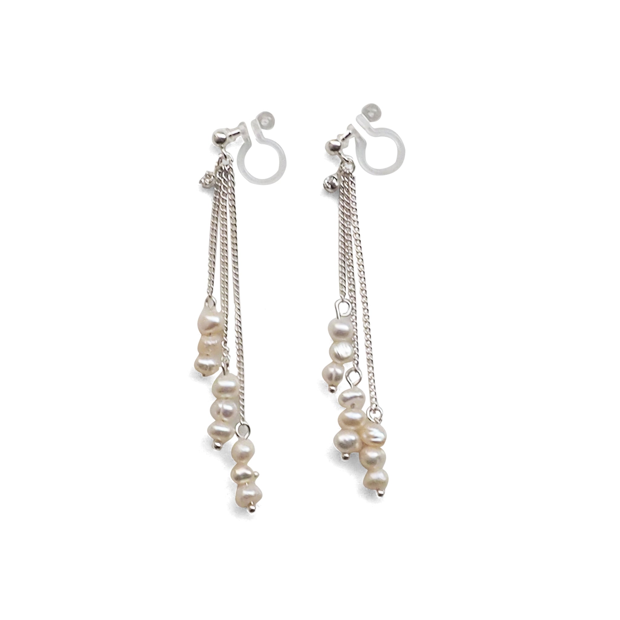 Dangle Beaded White Freshwater Pearl Invisible Clip On Earrings (Silver tone) - Miyabi Grace