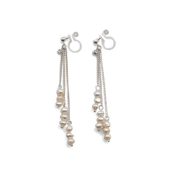 Dangle Beaded White Freshwater Pearl Invisible Clip On Earrings (Silver tone) - Miyabi Grace