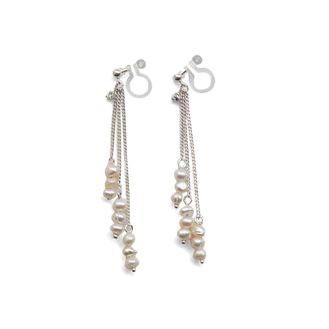 Dangle Beaded White Freshwater Pearl Invisible Clip On Earrings (Silver tone) - Miyabi Grace