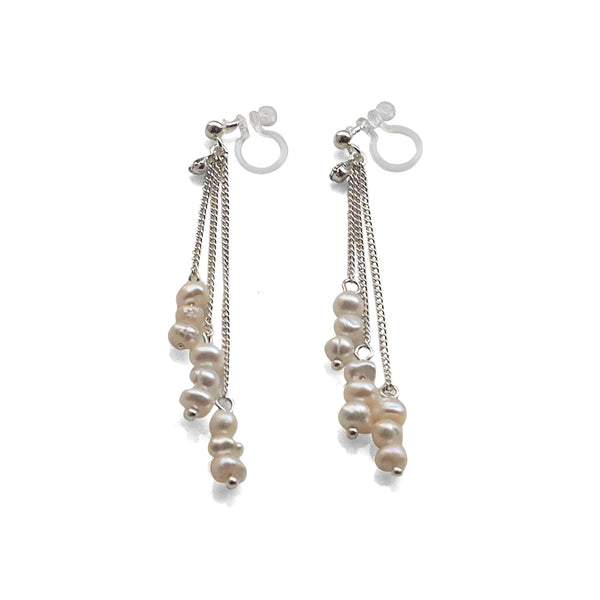 Dangle Beaded White Freshwater Pearl Invisible Clip On Earrings (Silver tone) - Miyabi Grace