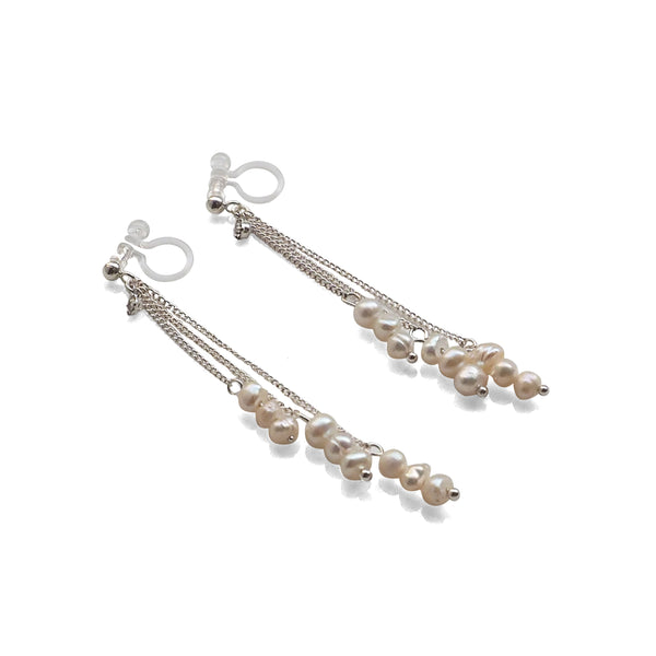 Dangle Beaded White Freshwater Pearl Invisible Clip On Earrings (Silver tone) - Miyabi Grace