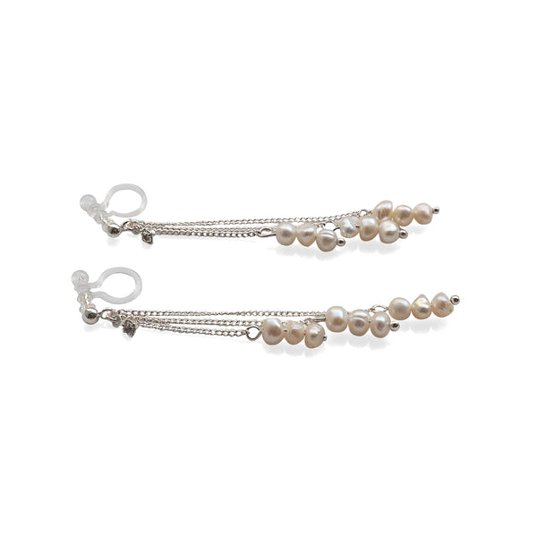 Dangle Beaded White Freshwater Pearl Invisible Clip On Earrings (Silver tone) - Miyabi Grace