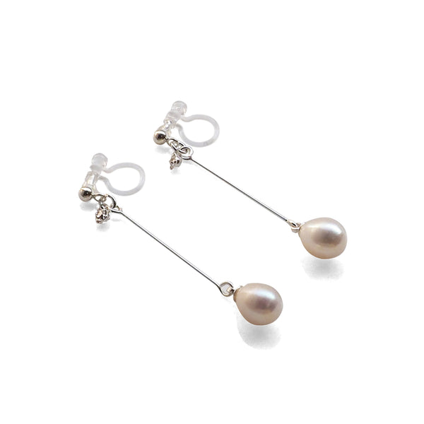 White Teardrop Freshwater Pearl Invisible Clip On Earrings (Silver tone) - Miyabi Grace
