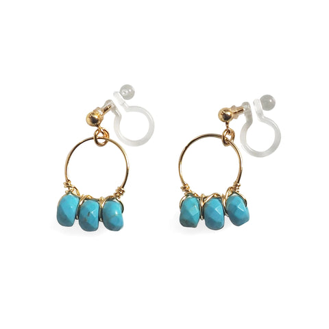 Blue Turquoise Gold Hoop Invisible Clip On Earrings - Miyabi Grace