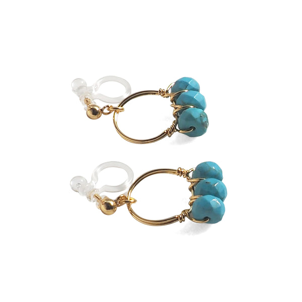 Blue Turquoise Gold Hoop Invisible Clip On Earrings - Miyabi Grace
