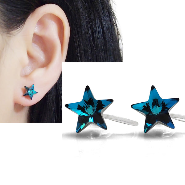 Bermuda Blue Star Swarovski crystal invisible clip on stud earrings - Miyabi Grace