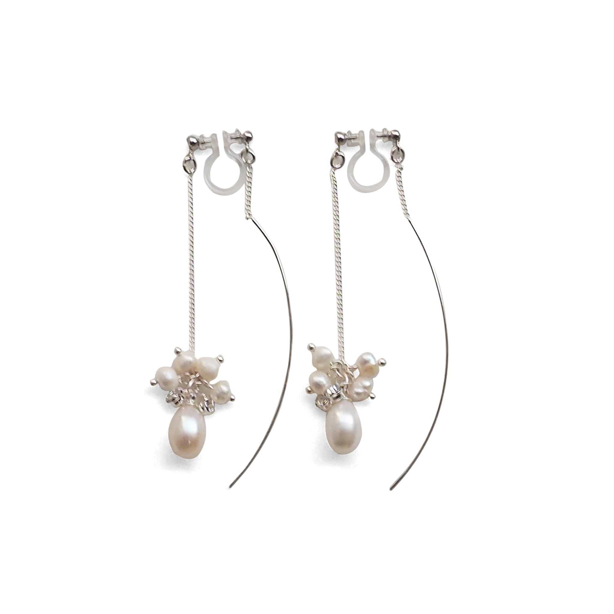 Double Sided White Freshwater Pearl Invisible Clip On Earrings (Silver tone) - Miyabi Grace