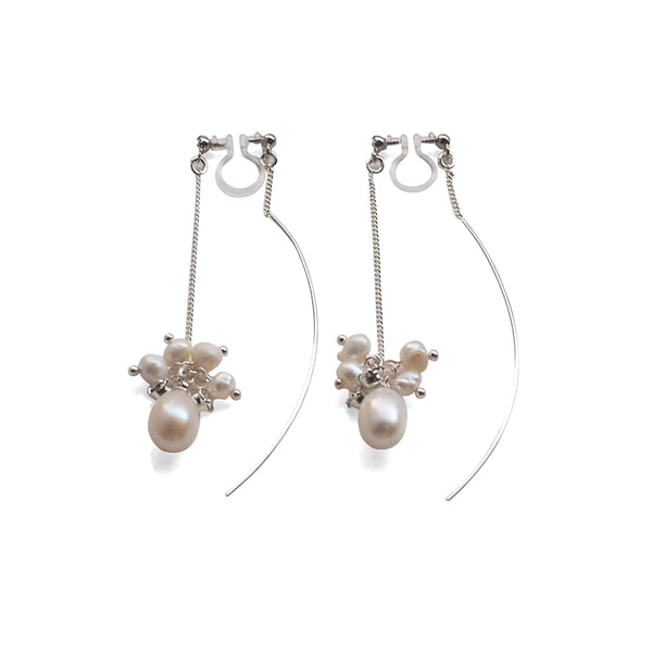 Double Sided White Freshwater Pearl Invisible Clip On Earrings (Silver tone) - Miyabi Grace