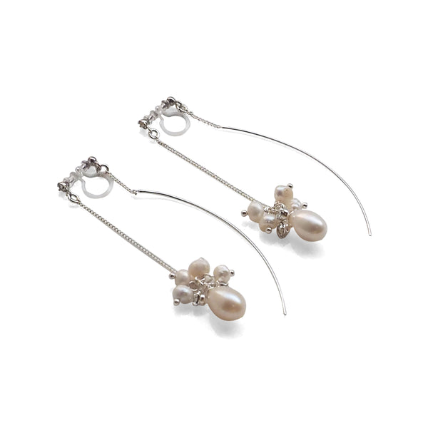 Double Sided White Freshwater Pearl Invisible Clip On Earrings (Silver tone) - Miyabi Grace