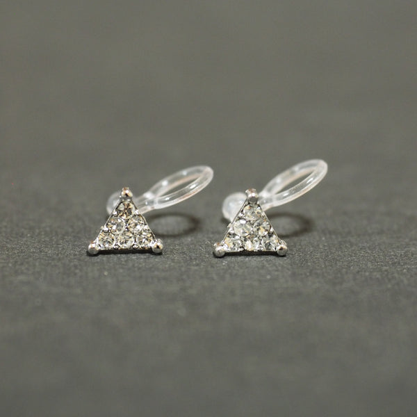 Silver Triangle Pave Rhinestone Invisible Clip On Stud Earrings - Miyabi Grace