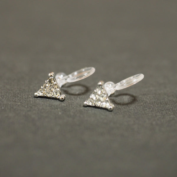 Silver Triangle Pave Rhinestone Invisible Clip On Stud Earrings - Miyabi Grace