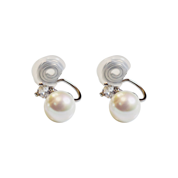 Silver Crystal Cubic Zirconia White Shell Pearl Bridal Wedding Clip Angle Adjustable Spiral Clip On Earrings