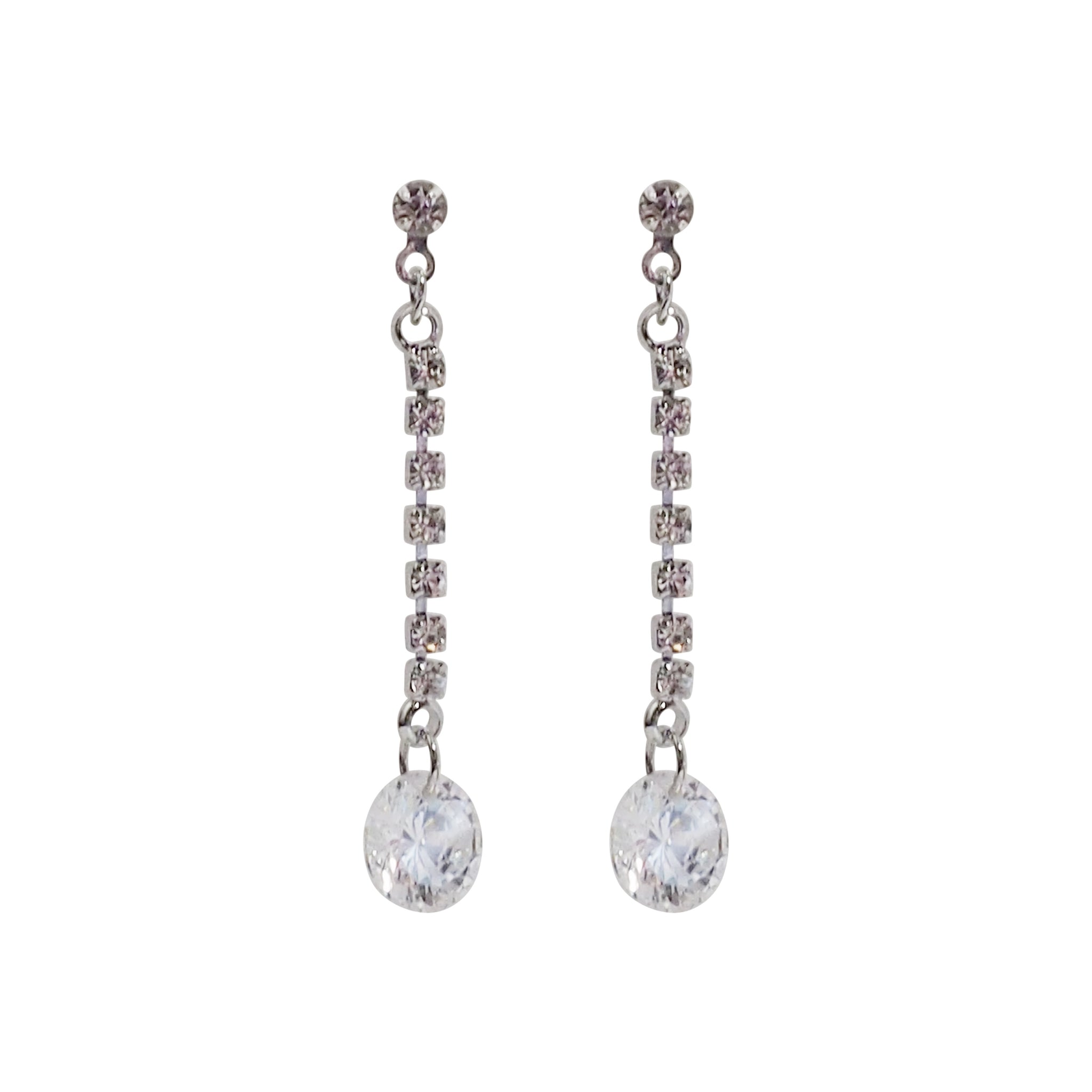 Silver cubic zirconia crystal dangle invisible clip on earrings - Miyabi Grace