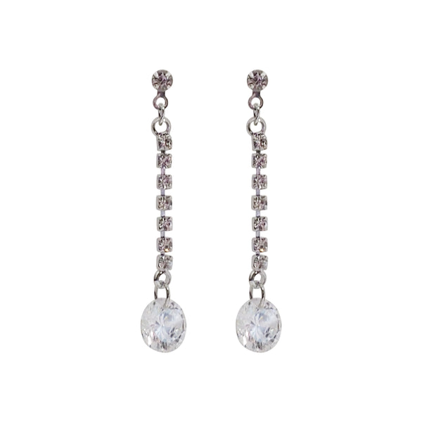 Silver cubic zirconia crystal dangle invisible clip on earrings - Miyabi Grace