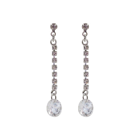 Silver cubic zirconia crystal dangle invisible clip on earrings - Miyabi Grace