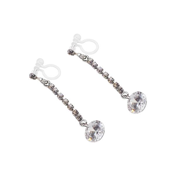 Silver cubic zirconia crystal dangle invisible clip on earrings - Miyabi Grace