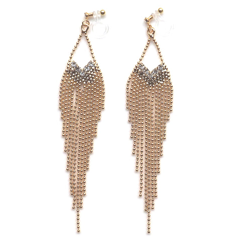 Dangle rhinestone and gold ball chain invisible clip on earrings - Miyabi Grace