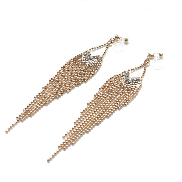 Dangle rhinestone and gold ball chain invisible clip on earrings - Miyabi Grace