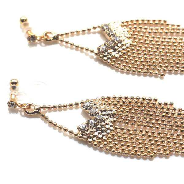 Dangle rhinestone and gold ball chain invisible clip on earrings - Miyabi Grace