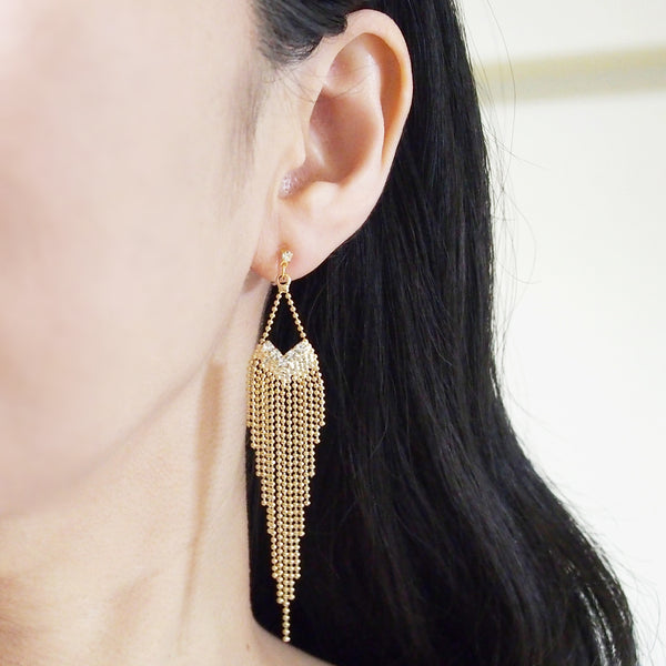 Dangle rhinestone and gold ball chain invisible clip on earrings - Miyabi Grace