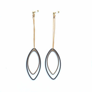 Long gold and black oval hoop invisible clip on earrings - Miyabi Grace