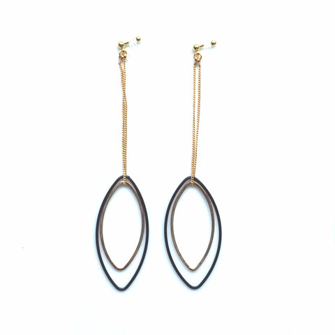 Long gold and black oval hoop invisible clip on earrings - Miyabi Grace