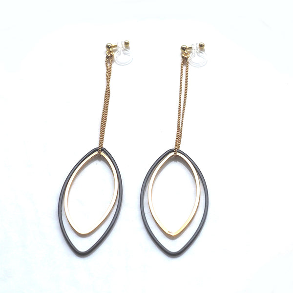 Long gold and black oval hoop invisible clip on earrings - Miyabi Grace