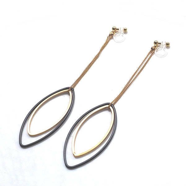 Long gold and black oval hoop invisible clip on earrings - Miyabi Grace